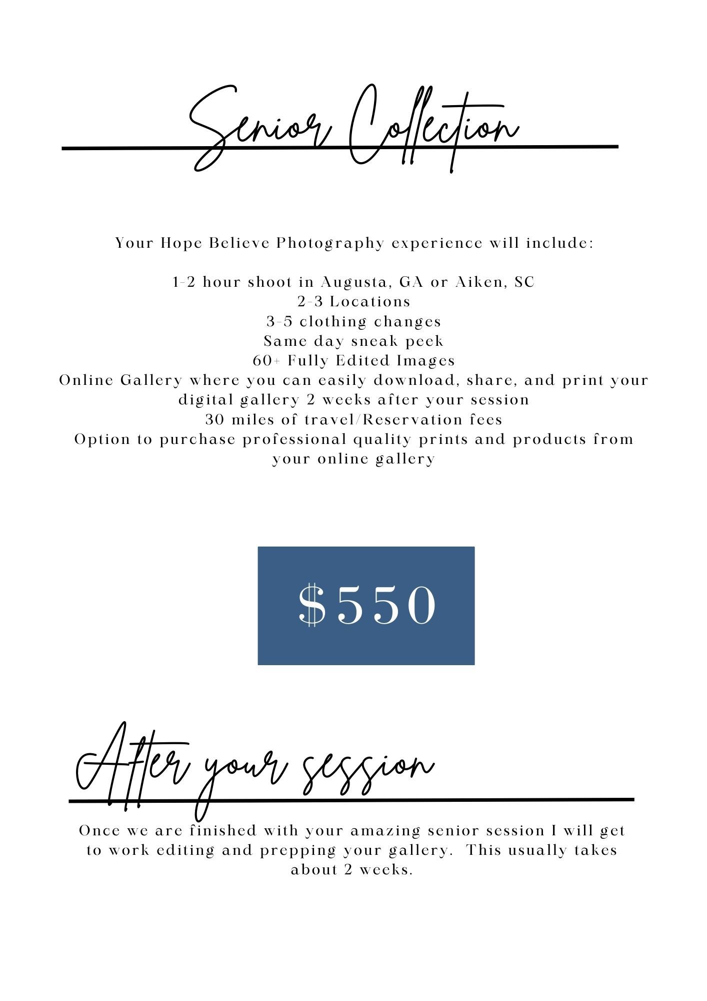 Senior photography collection pricing and package details page showing $550.