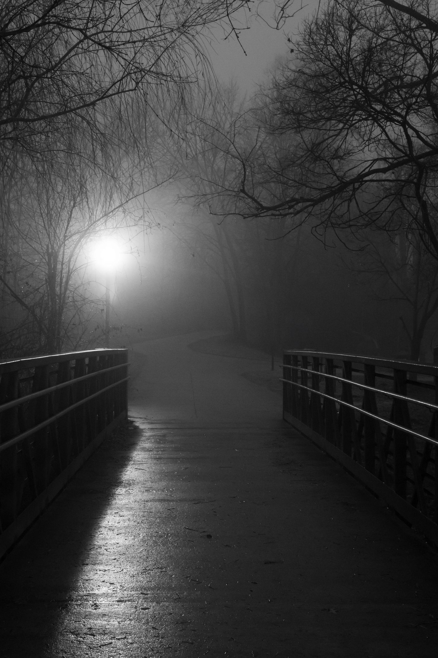 Foggy footbridge with railings illuminated by single street lamp in the mist.