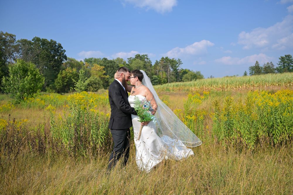 Bride and groom kissing in a sunny meadow with wildflowers, bride wearing a white gown and veil on their wedding day.