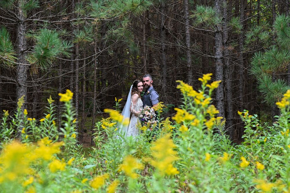 Bride and groom embracing in pine forest surrounded by yellow wildflowers on their wedding day.