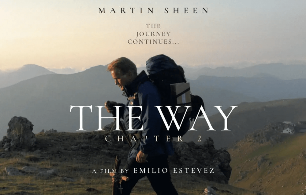 A sweeping landscape shot of mountains and a pilgrim's path from The Way movie.
