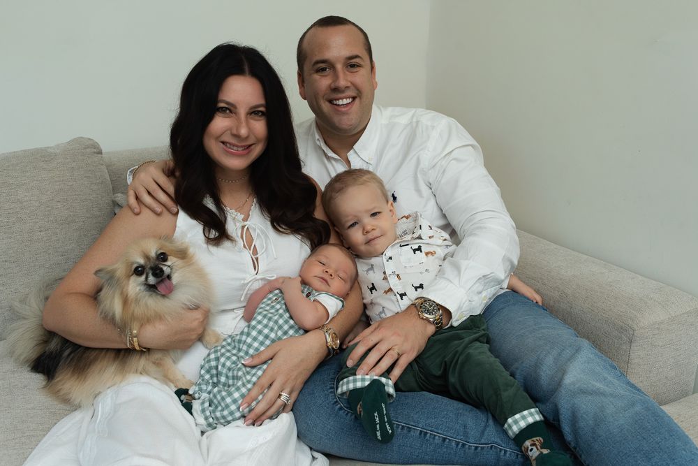 A series of family photos showing tender moments with a newborn baby in a home setting.