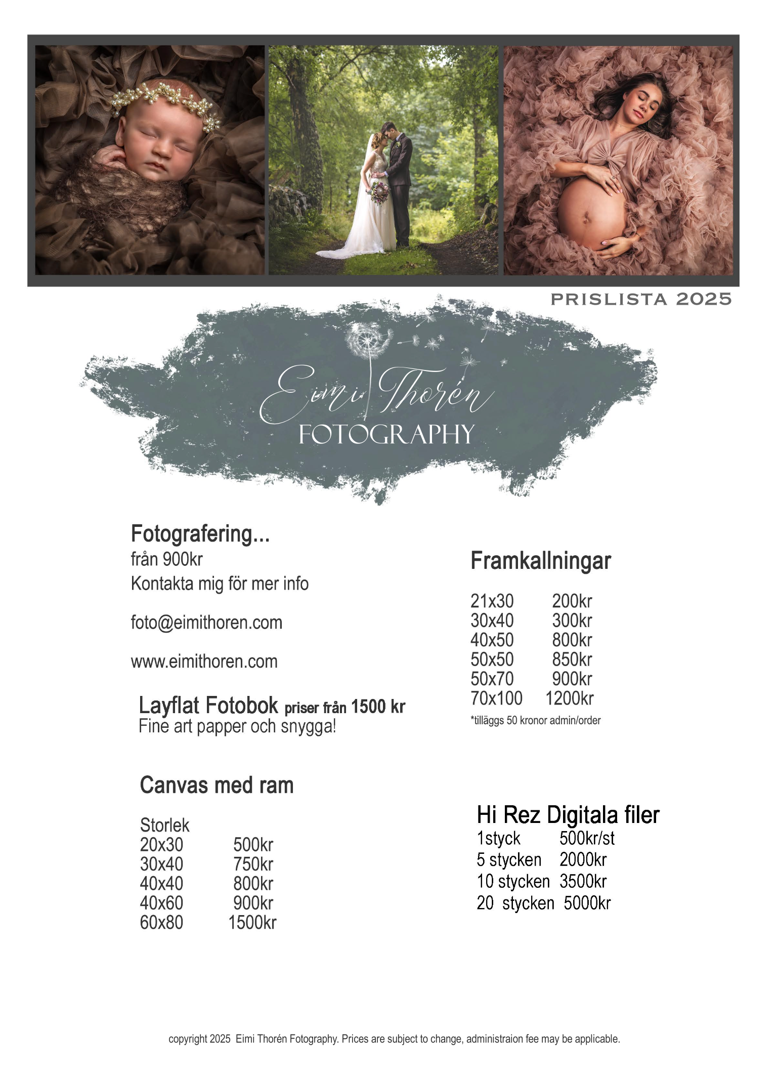 Eimi Thorén Fotograf  - Prislista