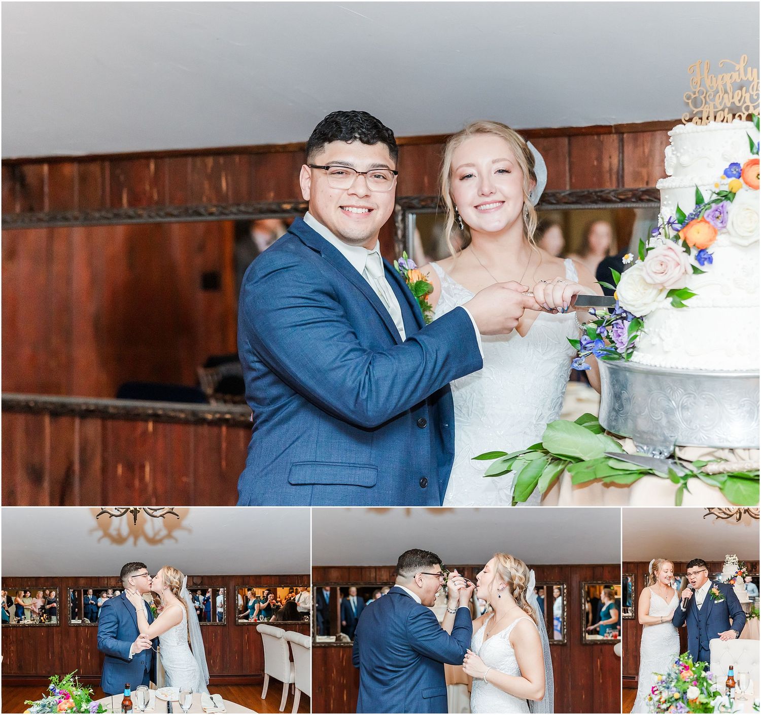 Newlyweds cut their elegant multi-tiered wedding cake decorated with colorful flowers.