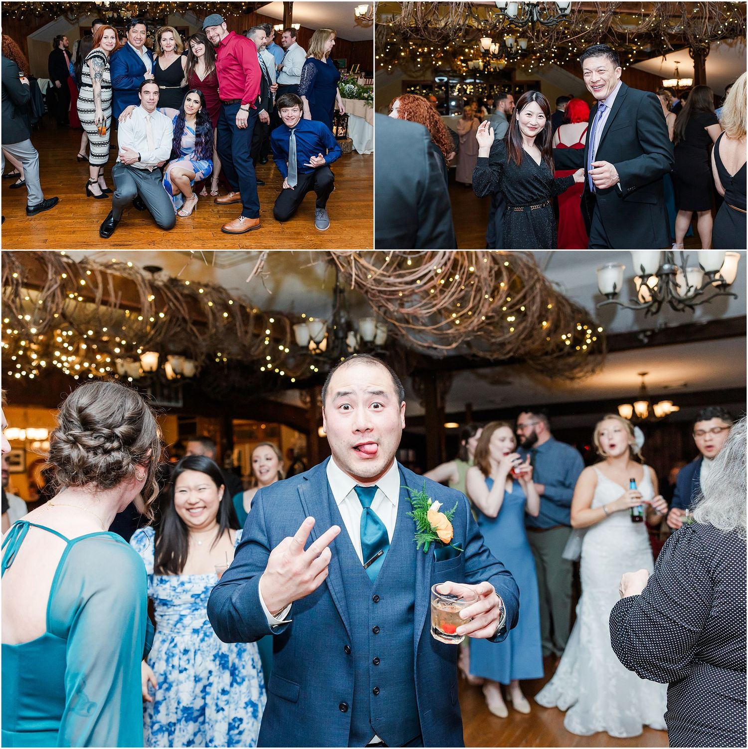 Wedding reception guests celebrate and socialize in a rustic venue with twinkling lights.