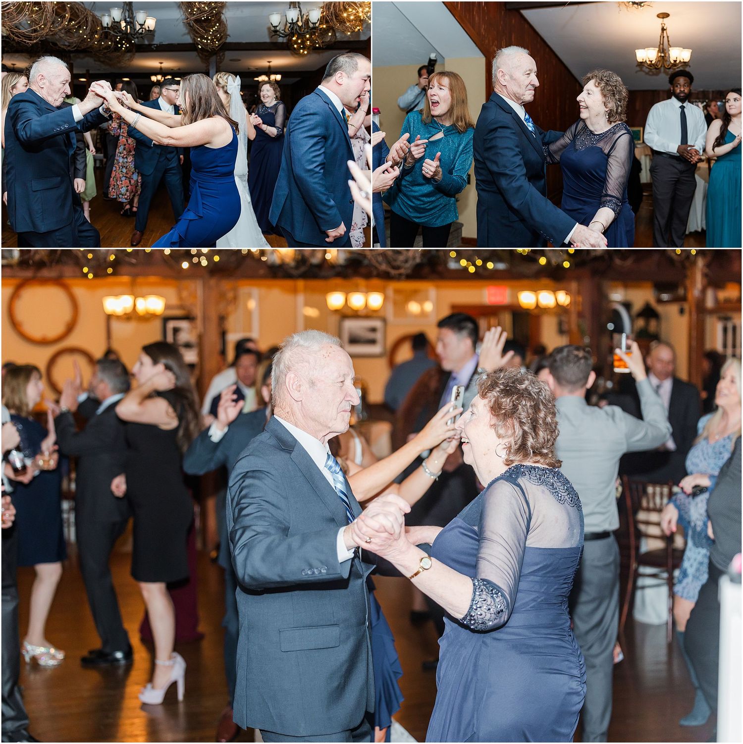 Multiple couples dancing together at an elegant wedding reception with wood paneling and chandeliers.