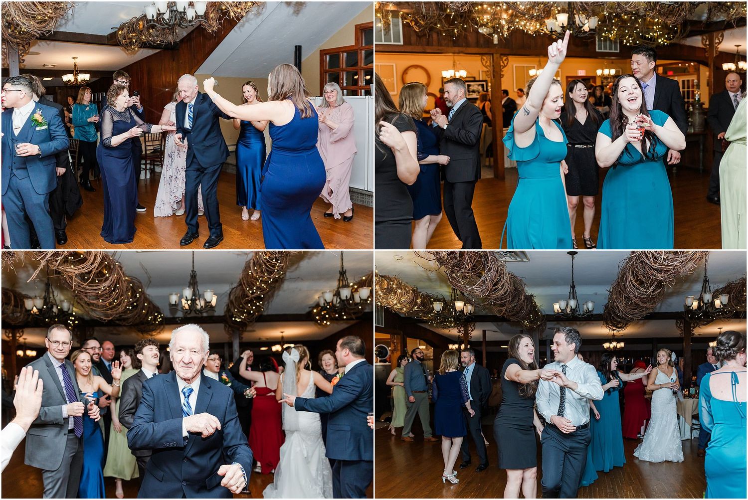 Wedding reception guests dancing and celebrating in multiple candid moments on a dance floor.