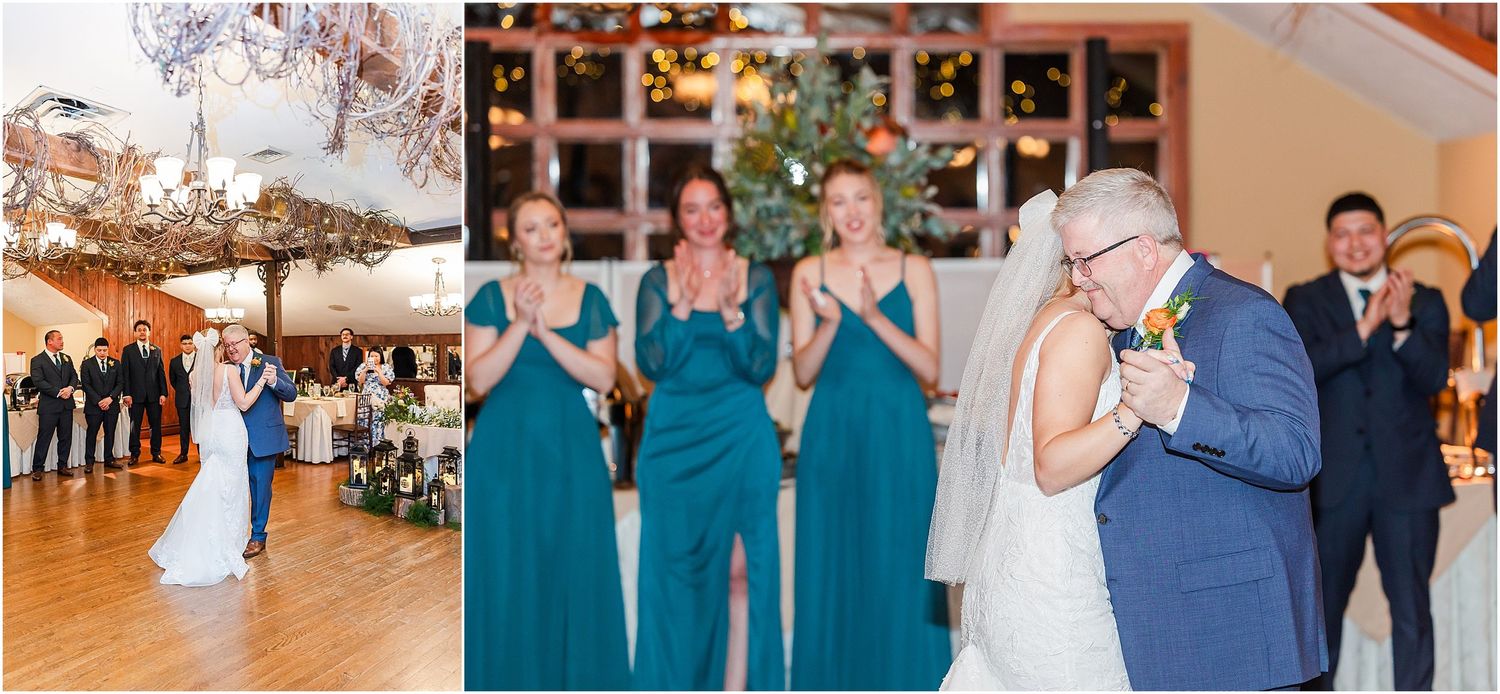 Wedding reception moments showing dancing and celebration in rustic wooden venue.