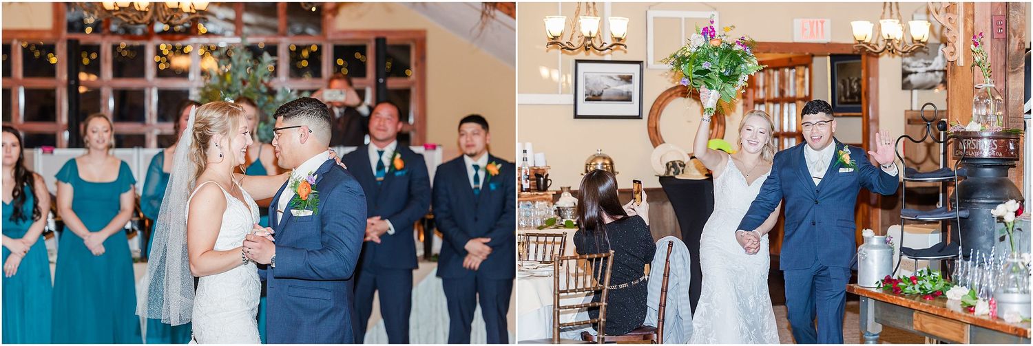 Wedding party lined up in navy blue suits and teal bridesmaid dresses during ceremony.