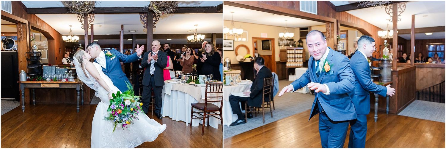 Wedding reception celebration with couples dancing and socializing in an elegant rustic venue.