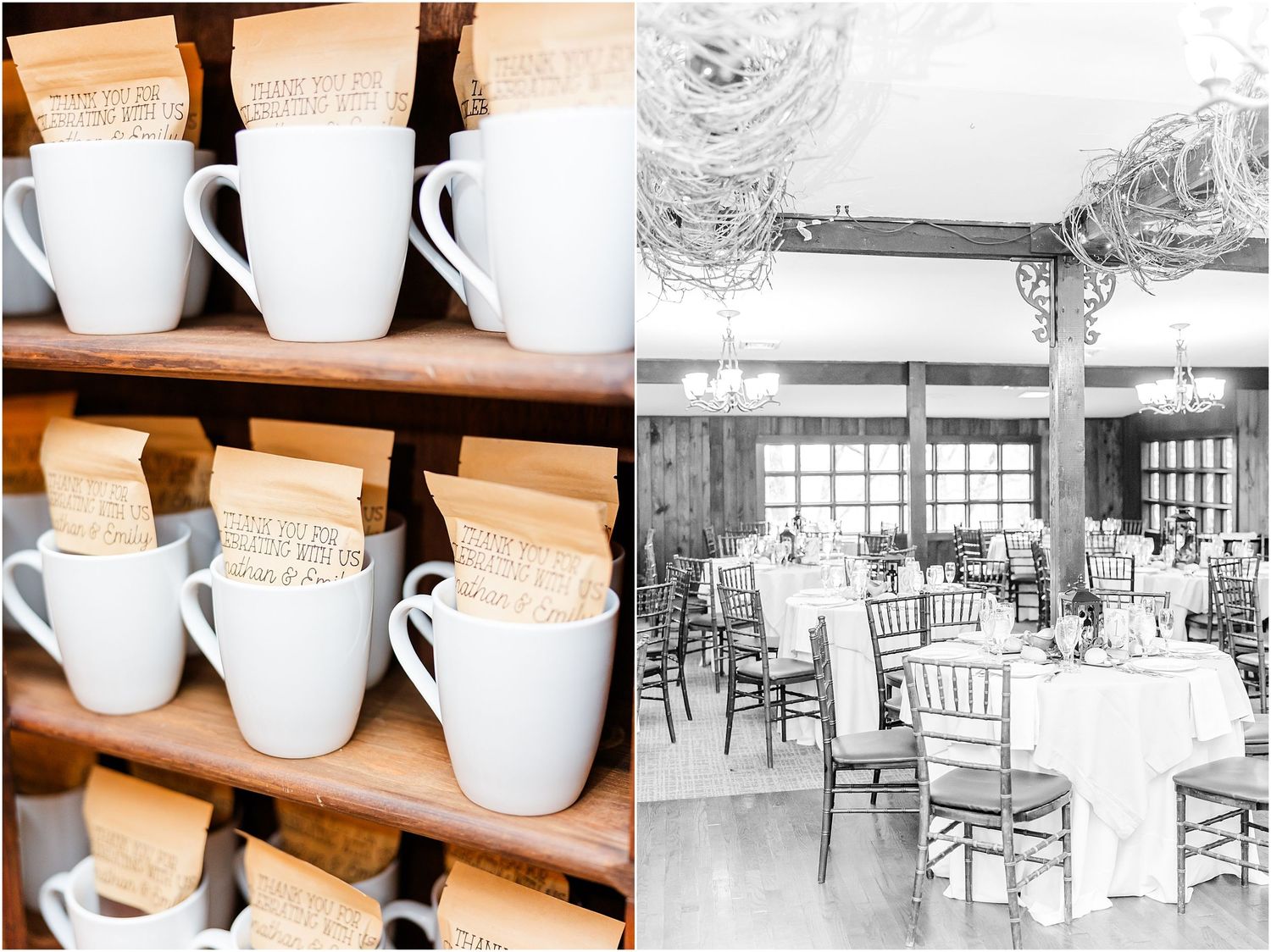 Collection of white coffee mugs on wooden shelves next to black and white reception hall photo.