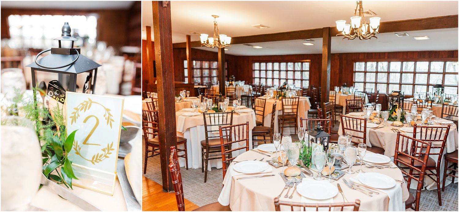 Elegant wedding reception hall set with round tables, wooden chairs and natural decor.