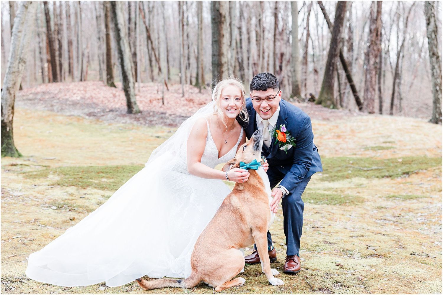 Wedding couple kneels with their golden-colored dog while posing for outdoor portraits.