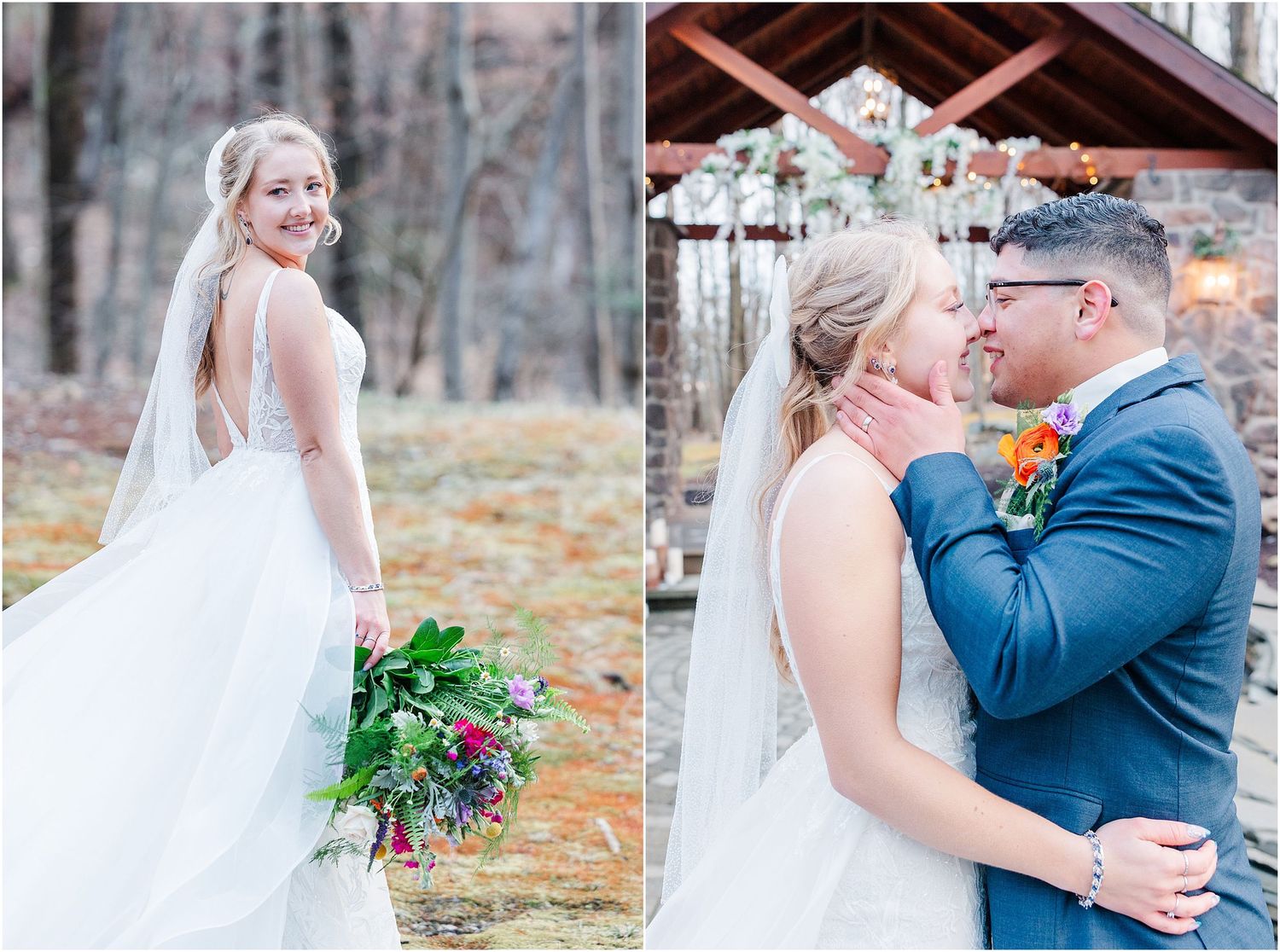 A bride in a lace wedding dress holds a colorful bouquet and shares a romantic moment with her groom in a navy suit.