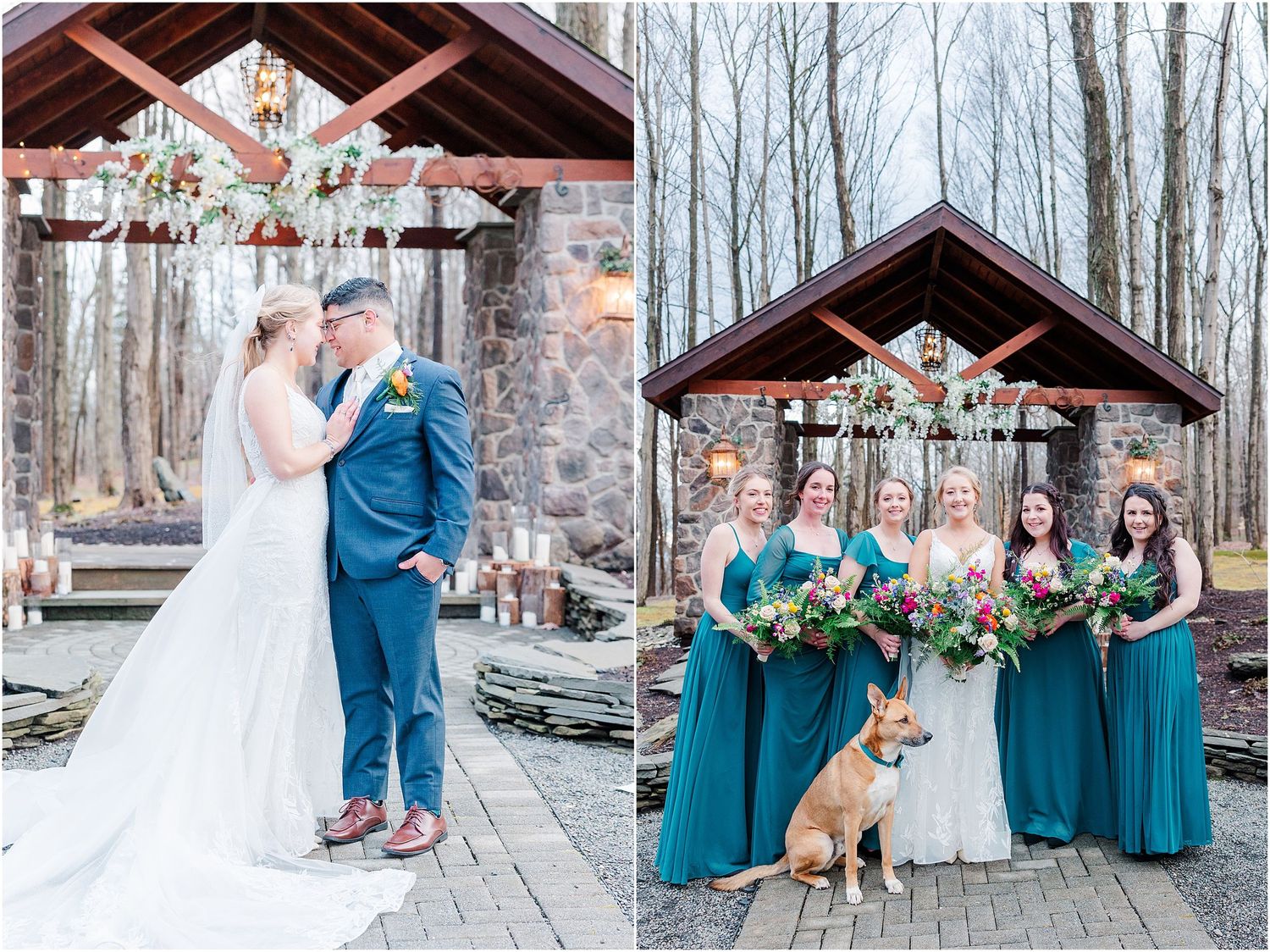 Wedding party poses with bridesmaids in teal dresses and a dog at rustic stone pavilion.