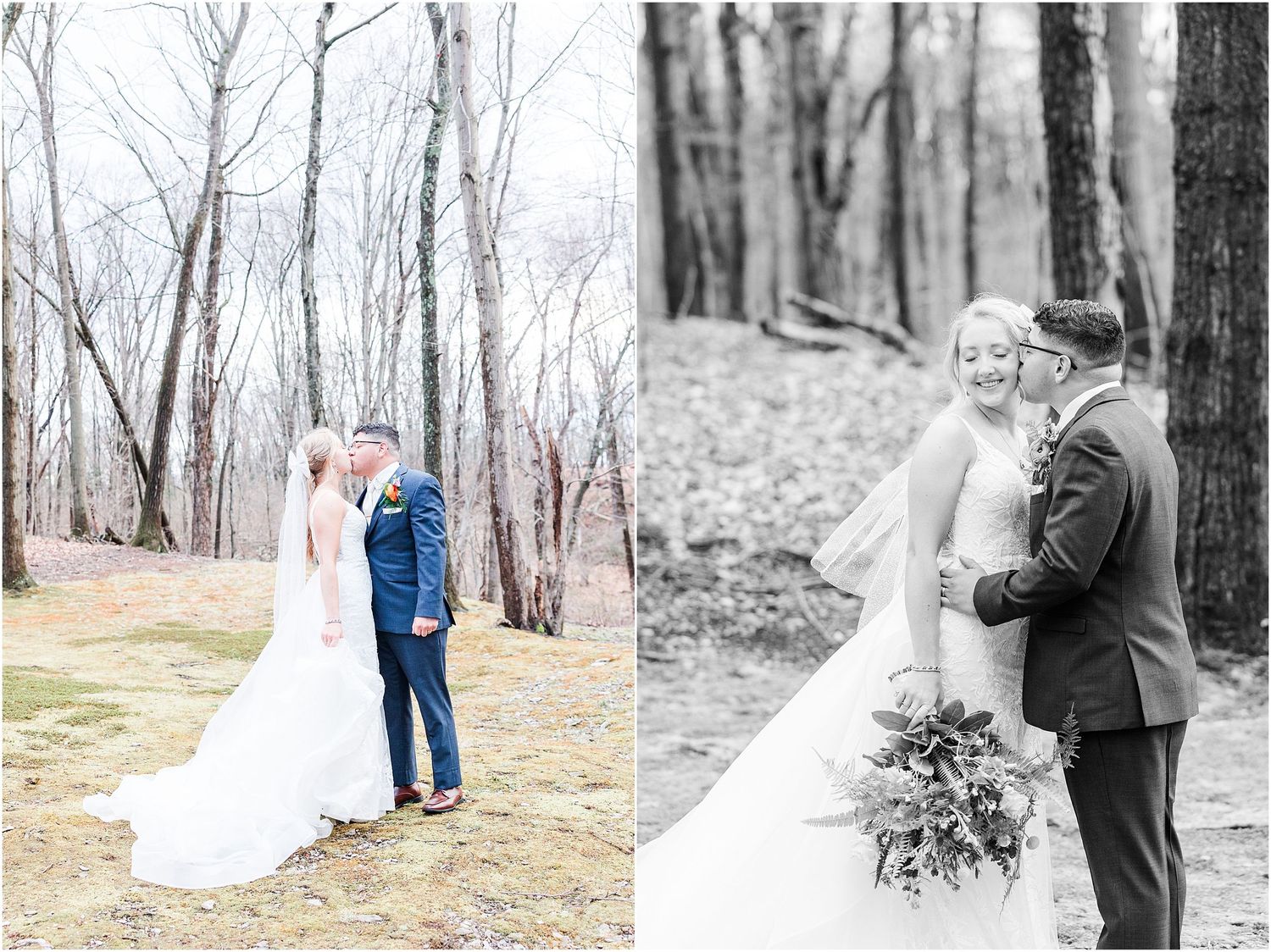 Side-by-side wedding portraits in color and black-and-white in a wooded setting.