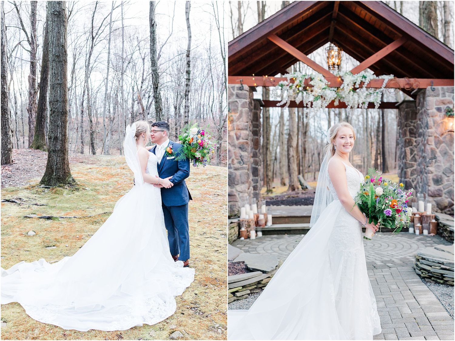 Wedding photo collage showing a couple in woods and under a rustic stone pavilion.