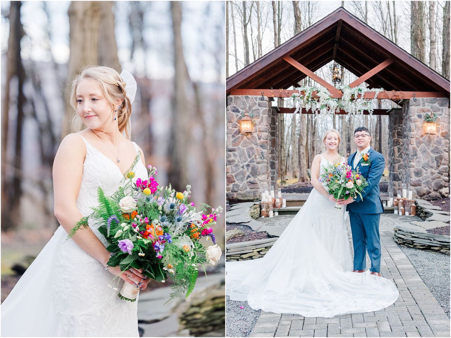 A wedding portrait collage featuring a stone pavilion ceremony site and colorful bridal bouquet.