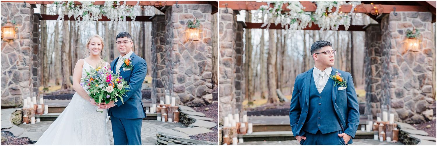 Wedding party portraits in front of a rustic stone pavilion with teal and navy color scheme.