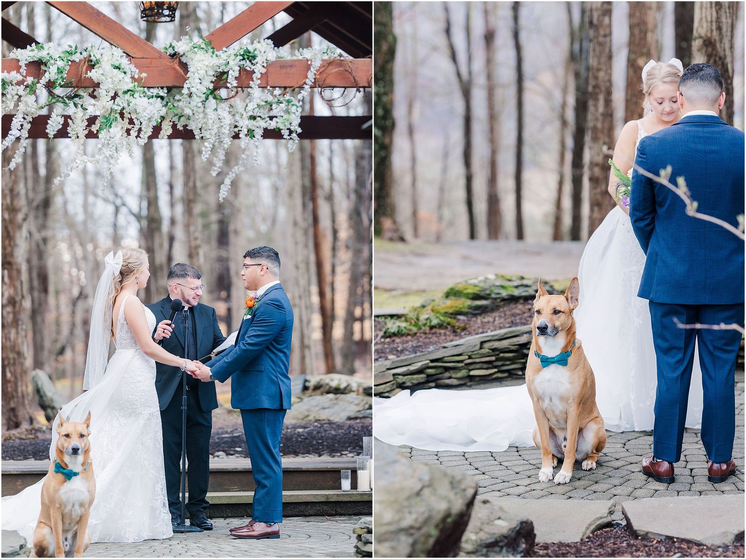 Wedding ceremony at stone pavilion with loyal dog standing guard nearby.