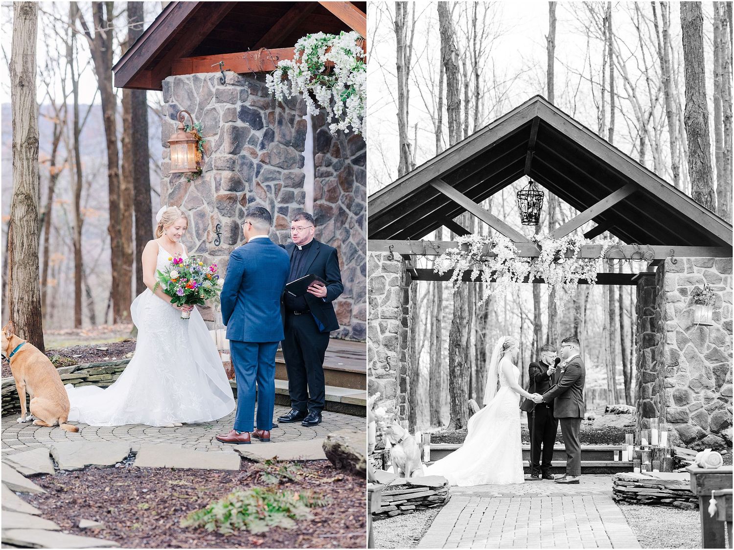 Wedding ceremony at stone pavilion captured in color and black and white compositions.