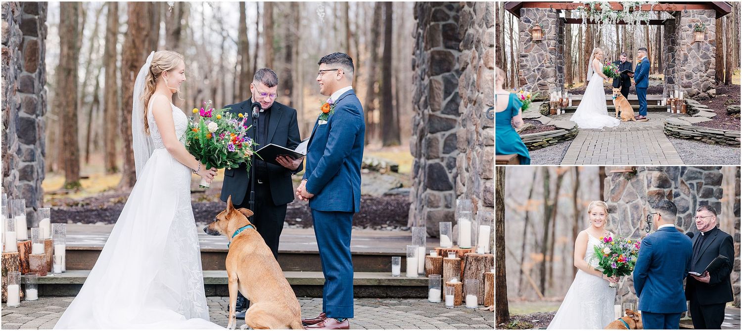 Outdoor winter wedding ceremony takes place at a rustic stone pavilion in the woods.