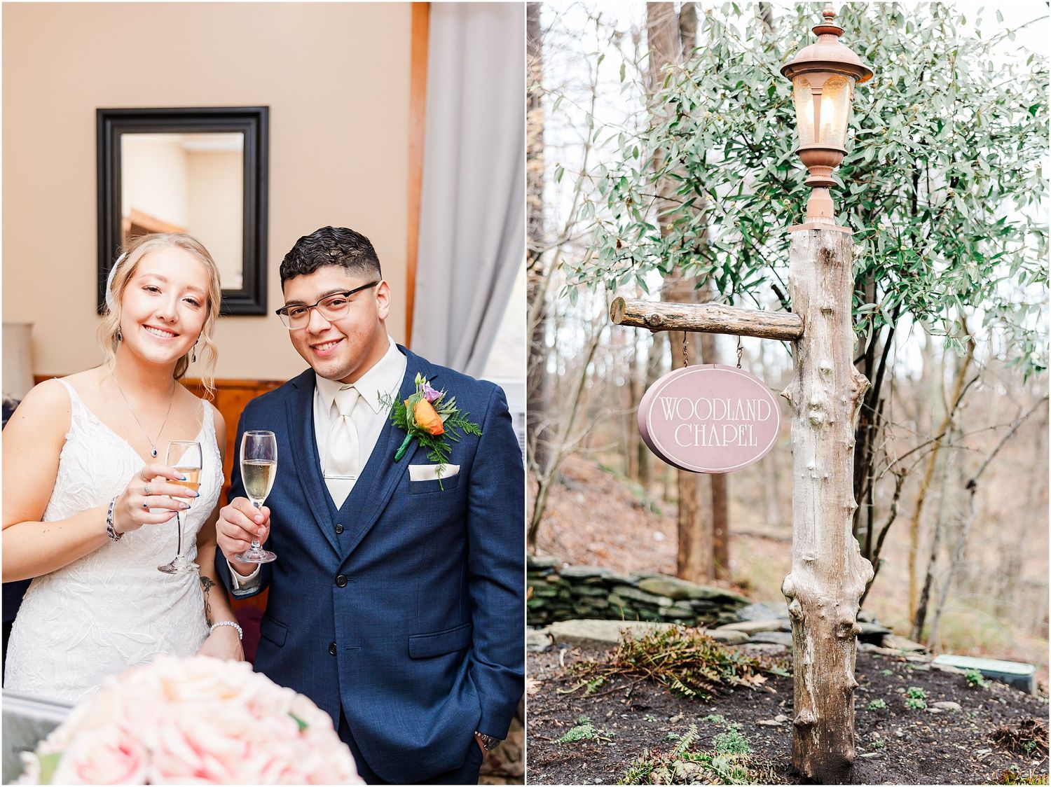 Celebratory moment with champagne toast and rustic outdoor wedding signage detail.