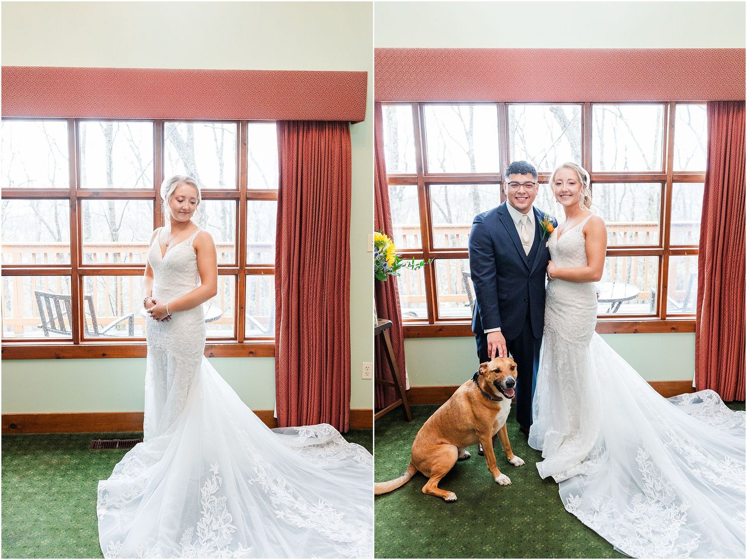 Beautiful wedding photos featuring a bride in lace dress with a lovable dog joining the formal portraits.