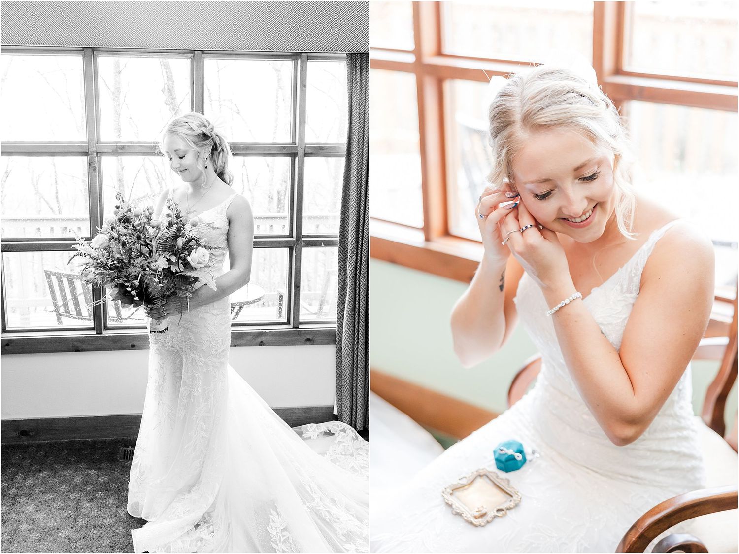 A stunning wedding dress portrait and preparation moment captured in black and white and warm tones.