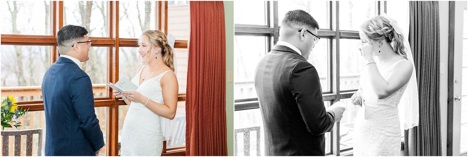 Side-by-side emotional first look wedding moments in color and black and white.
