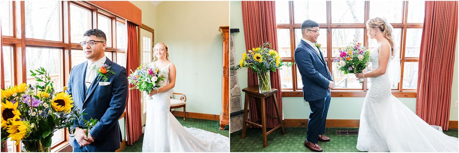Split view of first look wedding photos with sunlit windows and floral decorations.
