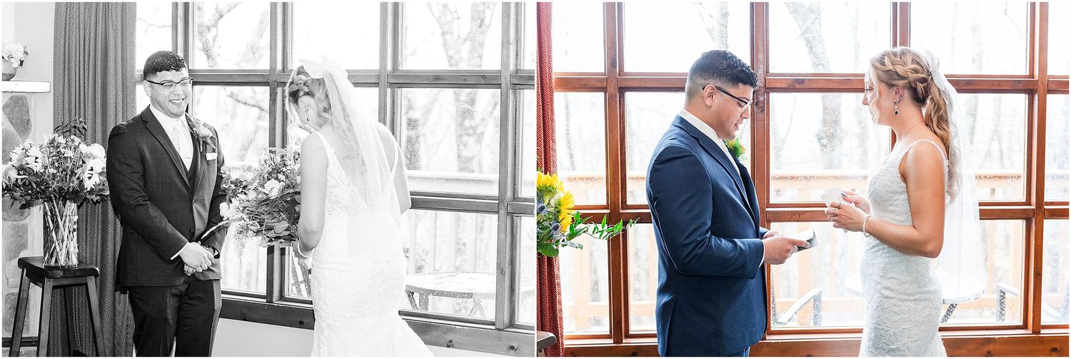 Wedding ceremony first look moment captured by large windows with natural light.