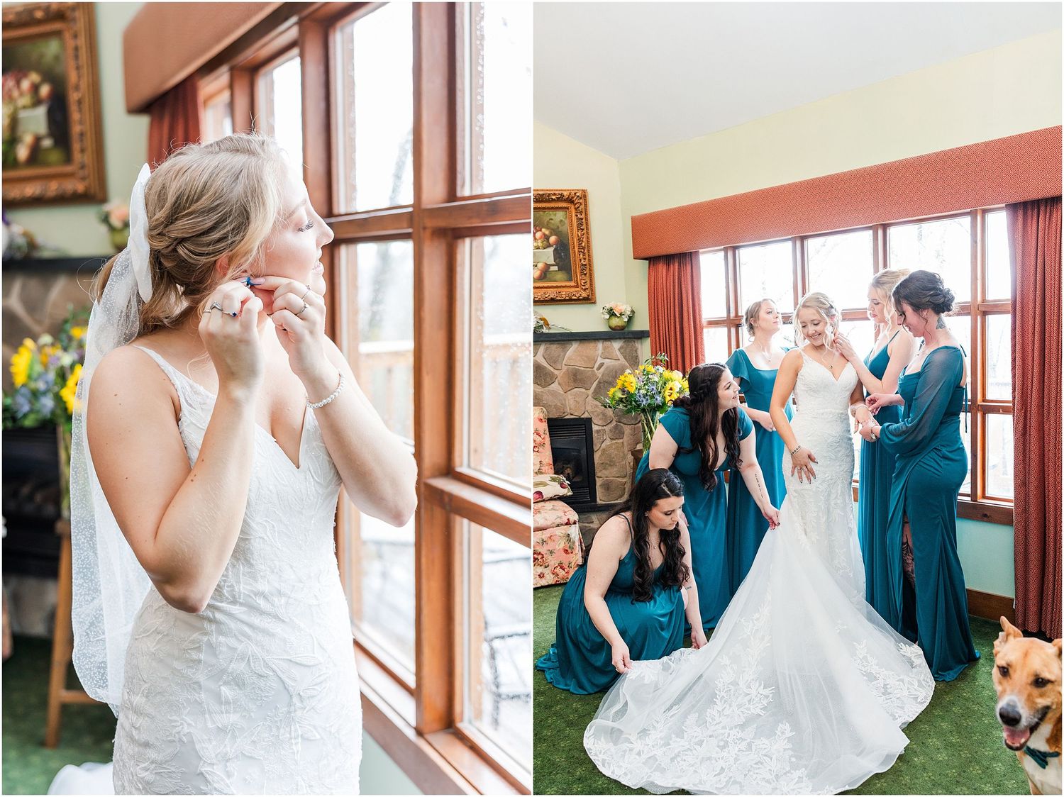 Wedding preparation scene by bright windows with elegant white dress and teal bridesmaid dresses.