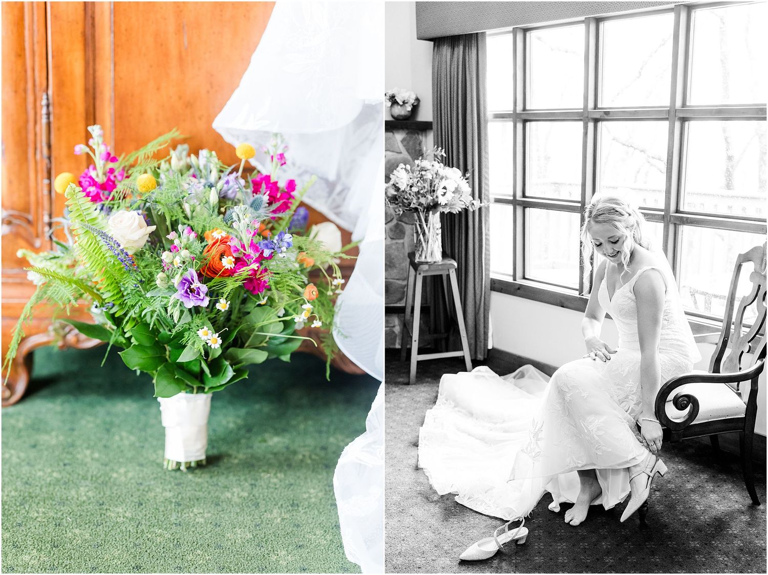 Colorful wedding bouquet with pink flowers displayed on green carpet next to black and white bridal portrait.