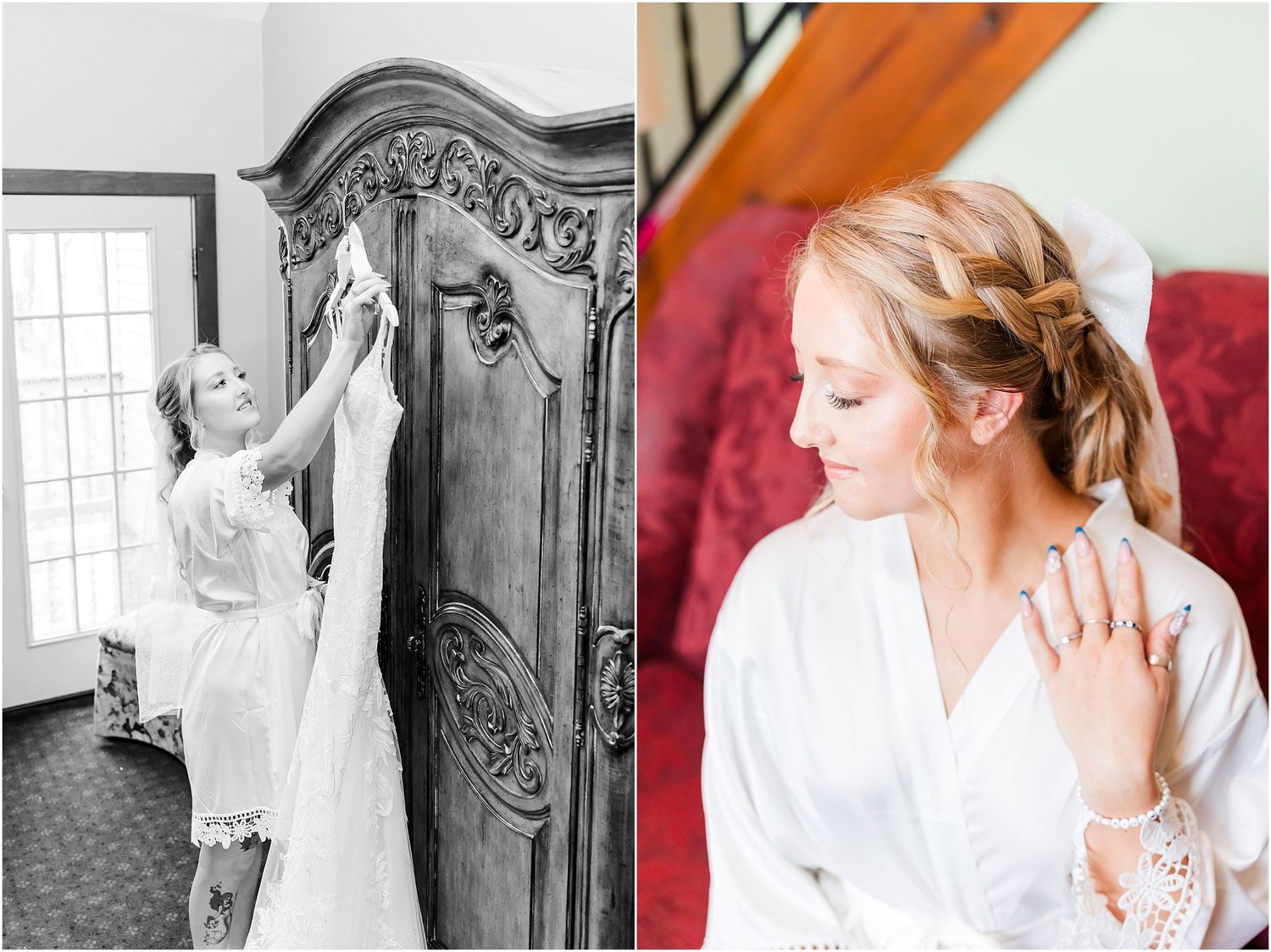 Side-by-side images of pre-wedding moments in a bridal suite.
