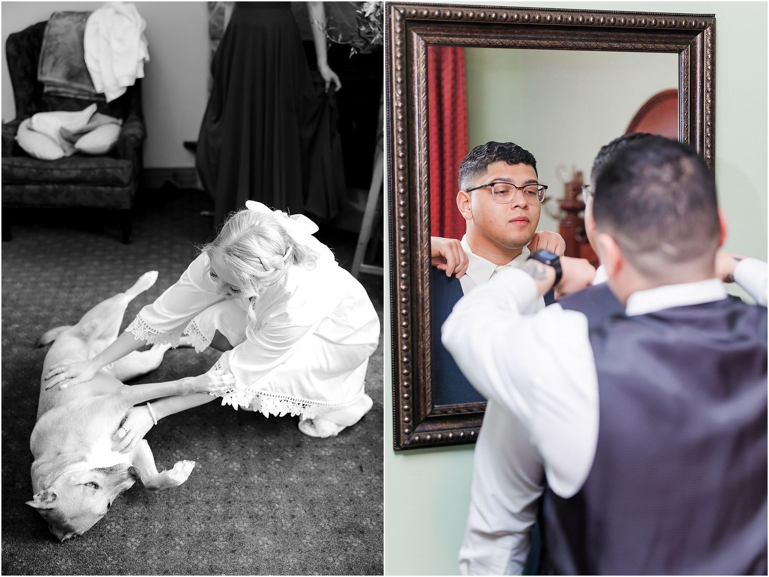 Wedding preparation collage showing shoes and a man adjusting his tie in the mirror.