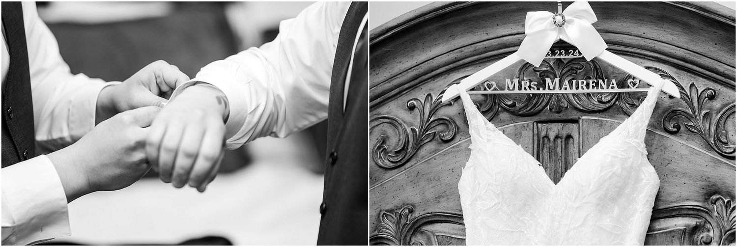 Wedding detail shots showing rings and a white lace dress hanging on an ornate frame.