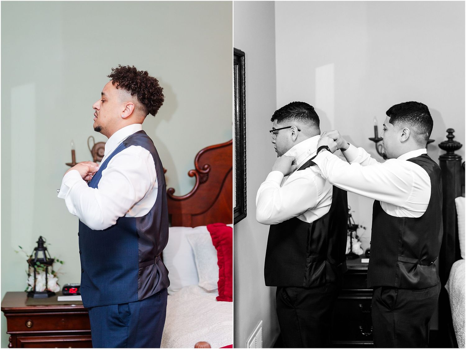 Split image of wedding preparations showing groomsmen adjusting their ties.