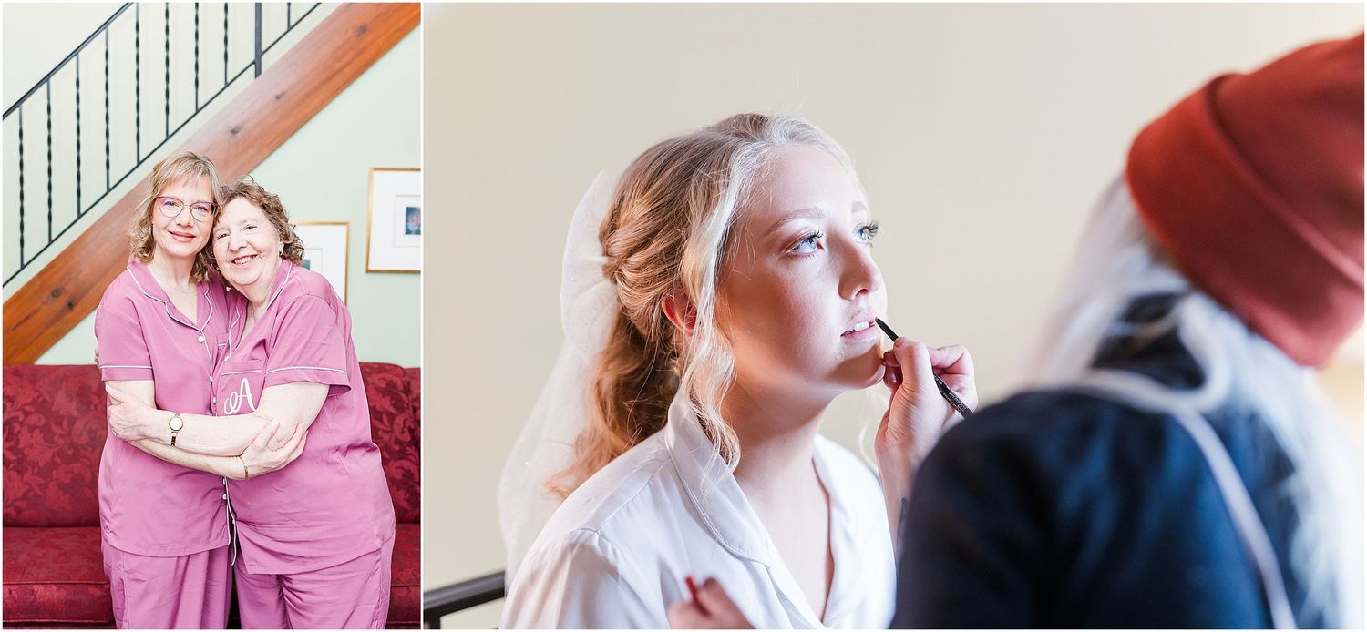 A collage of wedding preparation moments in soft pink and neutral tones.