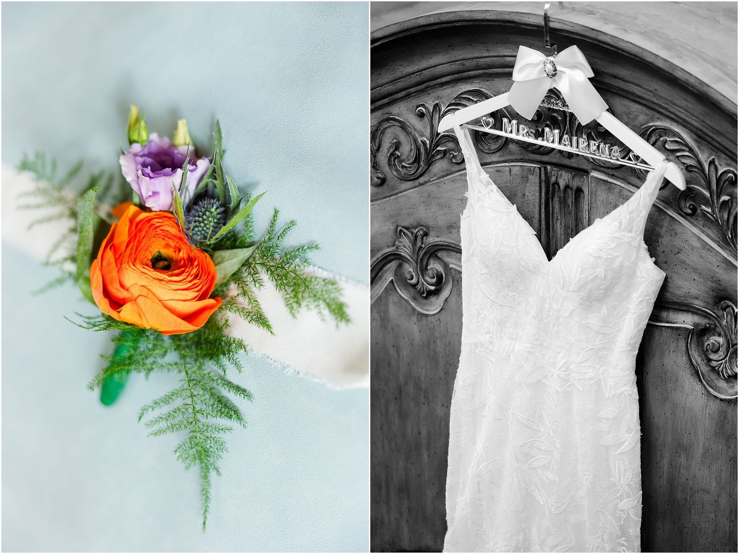 A wedding detail shot showing an orange ranunculus boutonniere with ferns and purple flowers next to a hanging dress.