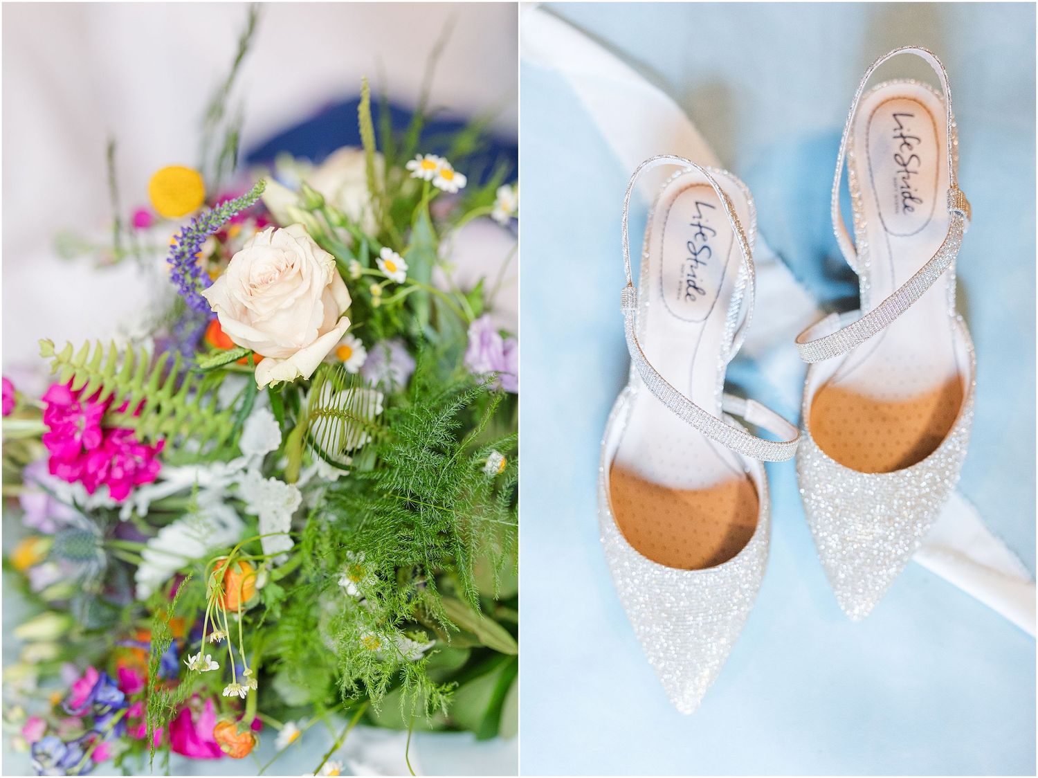 Split image of vibrant floral bouquet and sparkly pointed bridal shoes.