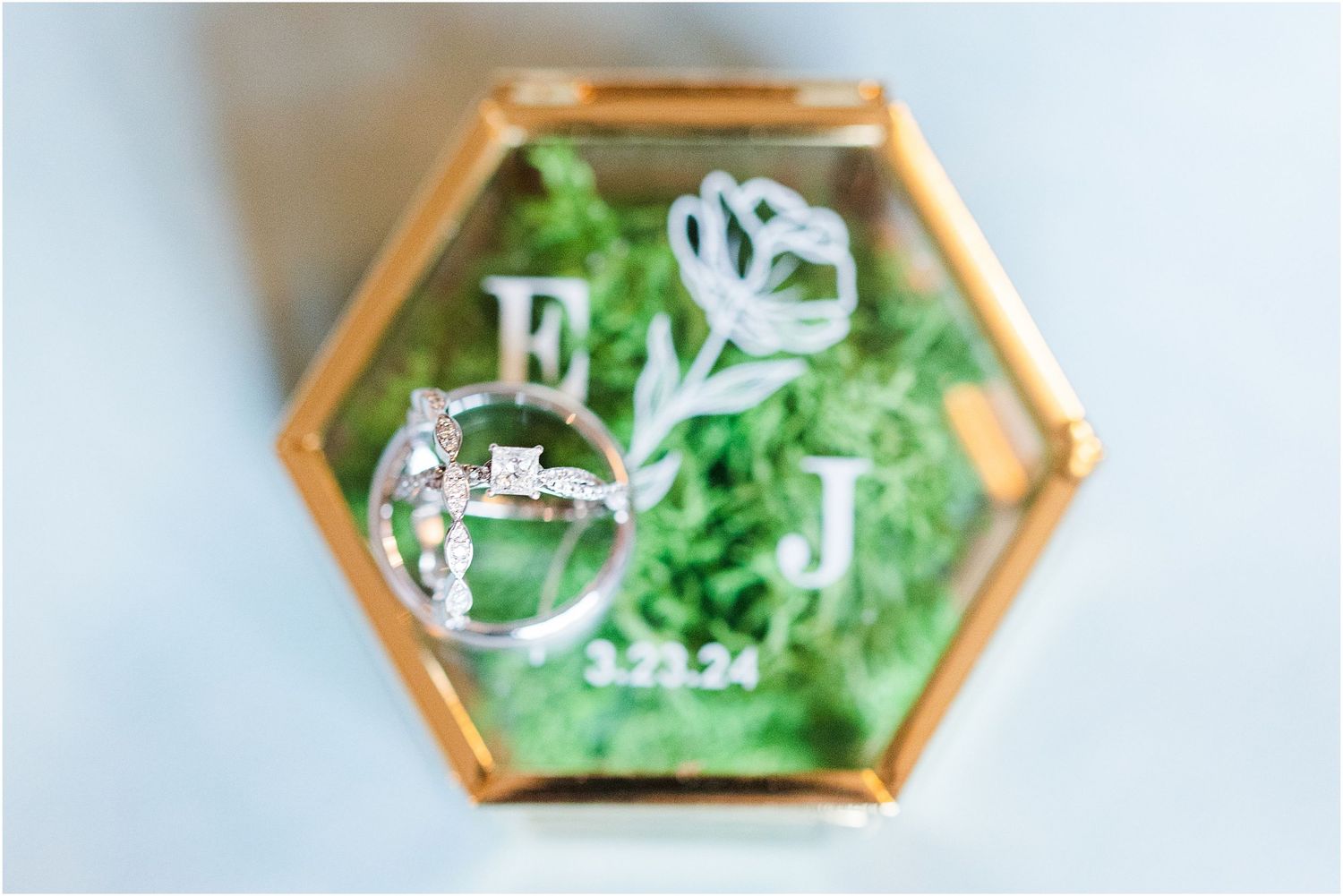 Wedding rings displayed in hexagonal glass box with green moss accent.
