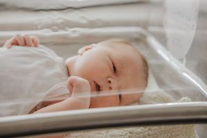 A sleeping newborn baby rests peacefully in a hospital bassinet under clear plastic covering.