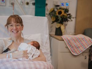 A collage of hospital birth photos showing tender moments with a newborn baby in a medical setting.