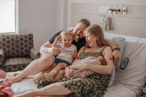 A series of lifestyle photos showing a family relaxing together on a couch in a bright, sunlit living room.