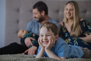 A series of candid family moments showing people relaxing and spending time together at home on a couch.