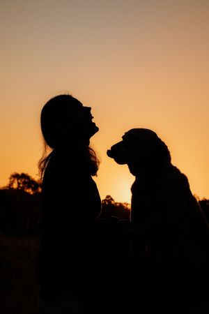 Silhouette of a woman and her dog sitting together against a vibrant orange sunset sky.