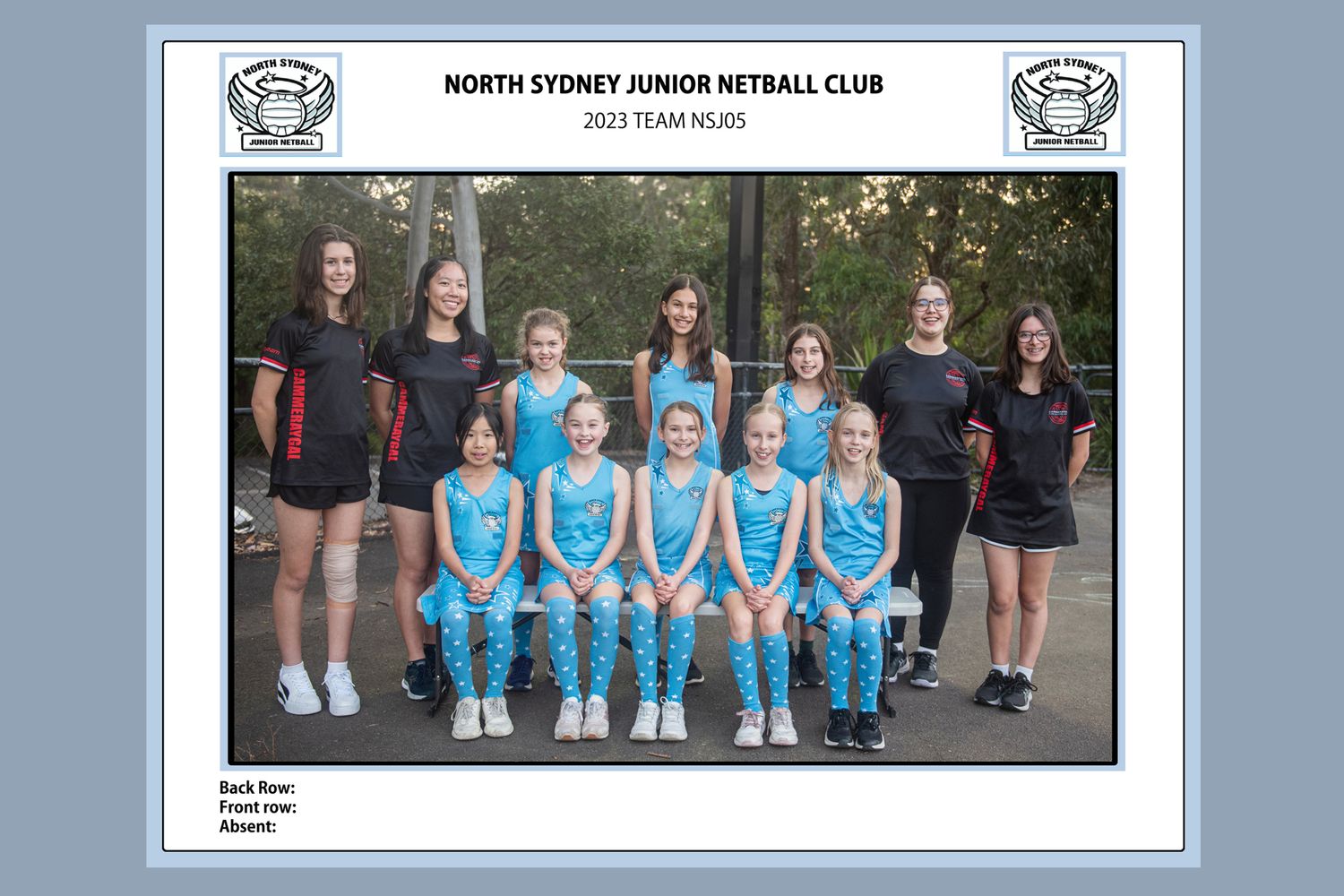 North Sydney Junior Netball Club team photo with players in matching uniforms.