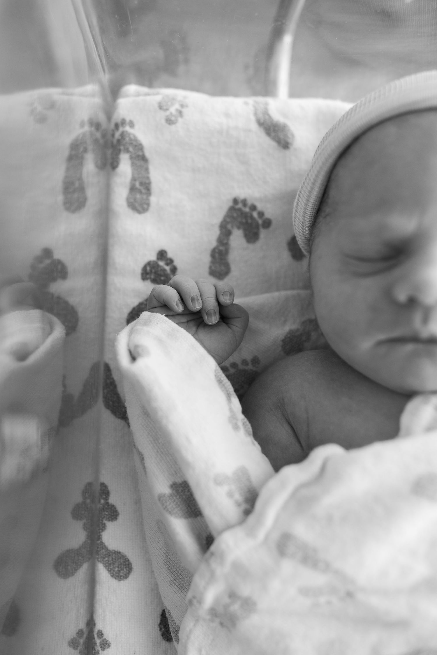 Peaceful sleeping newborn baby wrapped in swaddle blanket in black and white photo.