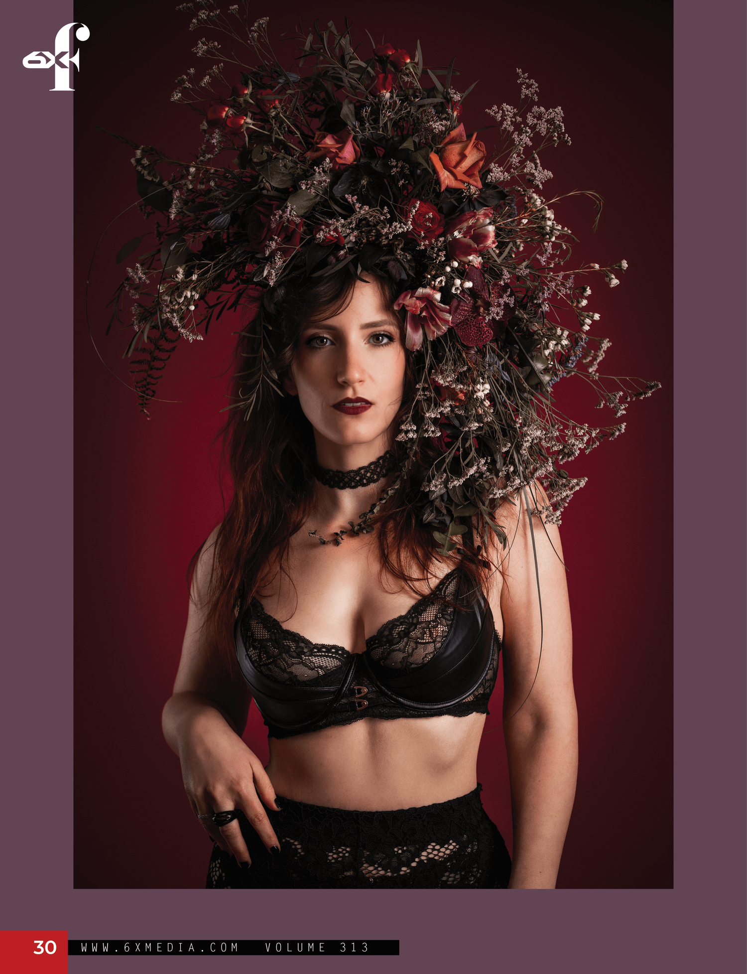 Sara looking at camera in a bra and wearing a huge flower crown on her head it is a page of a magazine